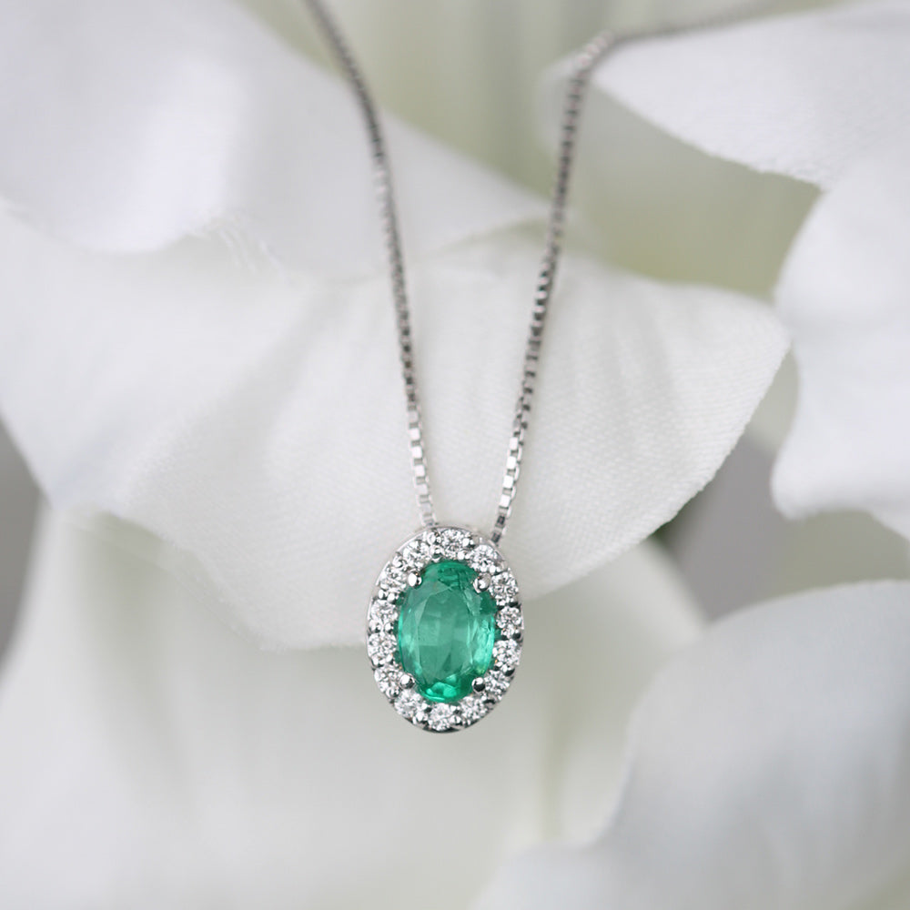 Emerald &amp; Diamond Halo Pendant