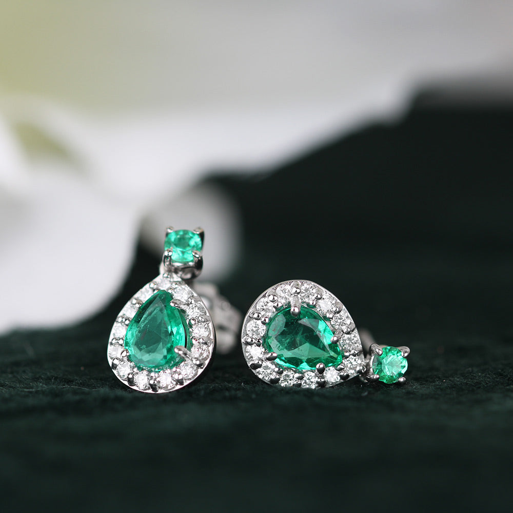 Emerald &amp; Diamond Teardrop Halo Earrings