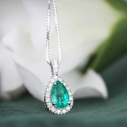 Emerald &amp; Diamond Teardrop Halo Pendant