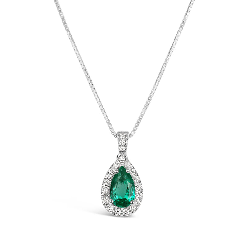 Emerald &amp; Diamond Teardrop Halo Pendant