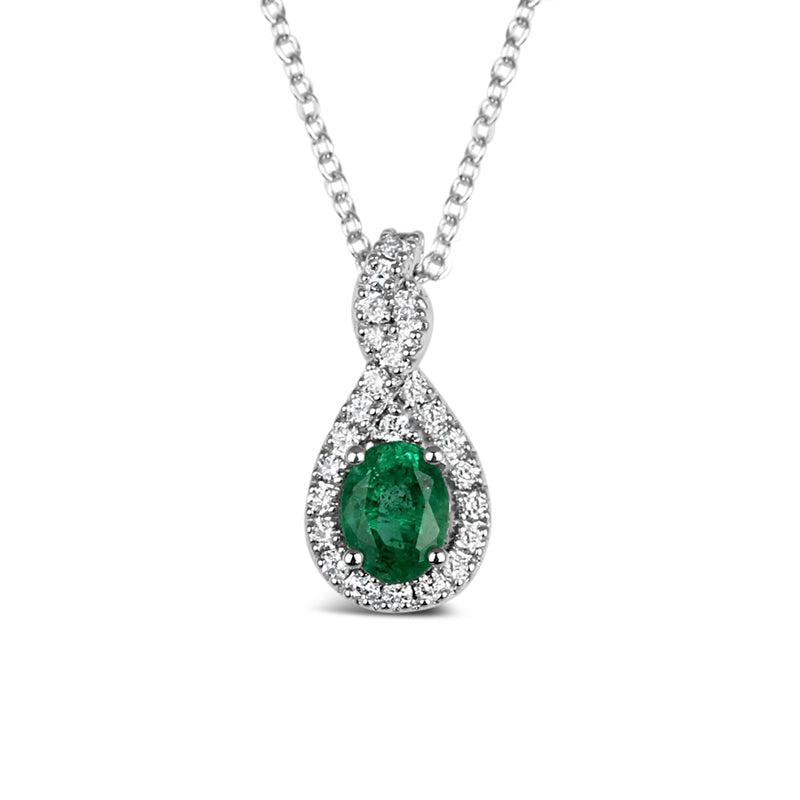 Twisted Emearld &amp; Diamond Teardrop Halo Pendant