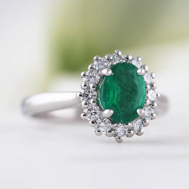 Oval Emerald &amp; Diamond Cluster Ring