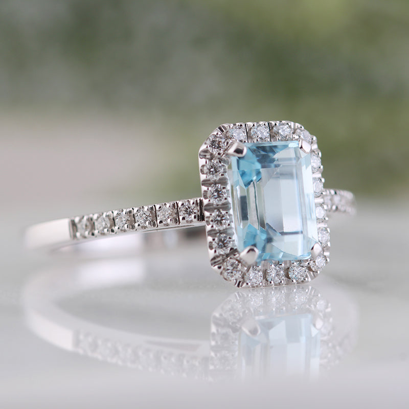 Octagon Aquamarine &amp; Diamond Halo Ring