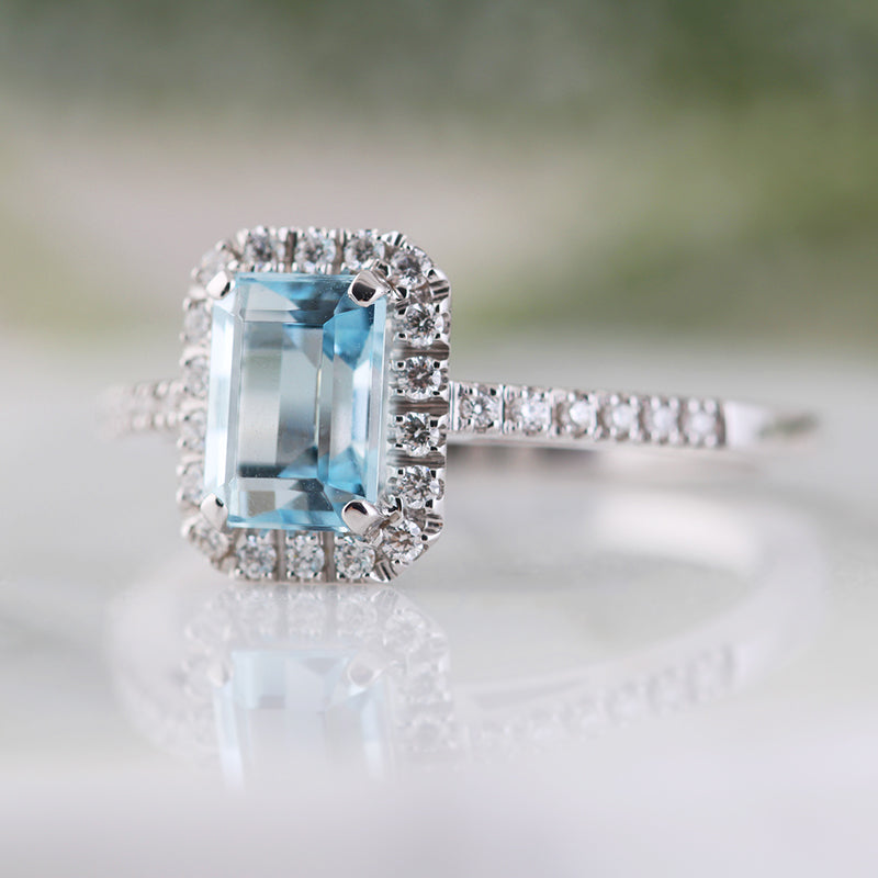 Octagon Aquamarine &amp; Diamond Halo Ring