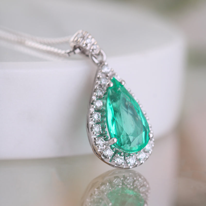 Pear Cut Emerald &amp; Diamond Halo Pendant