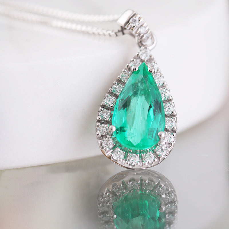 Pear Cut Emerald &amp; Diamond Halo Pendant