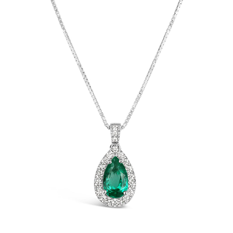 Pear Cut Emerald &amp; Diamond Halo Pendant