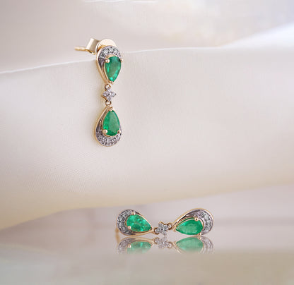 Double Pear Emerald &amp; Diamond Drop Earrings