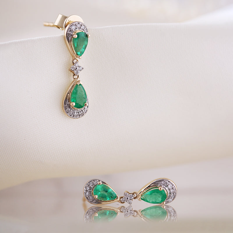 Double Pear Emerald &amp; Diamond Drop Earrings