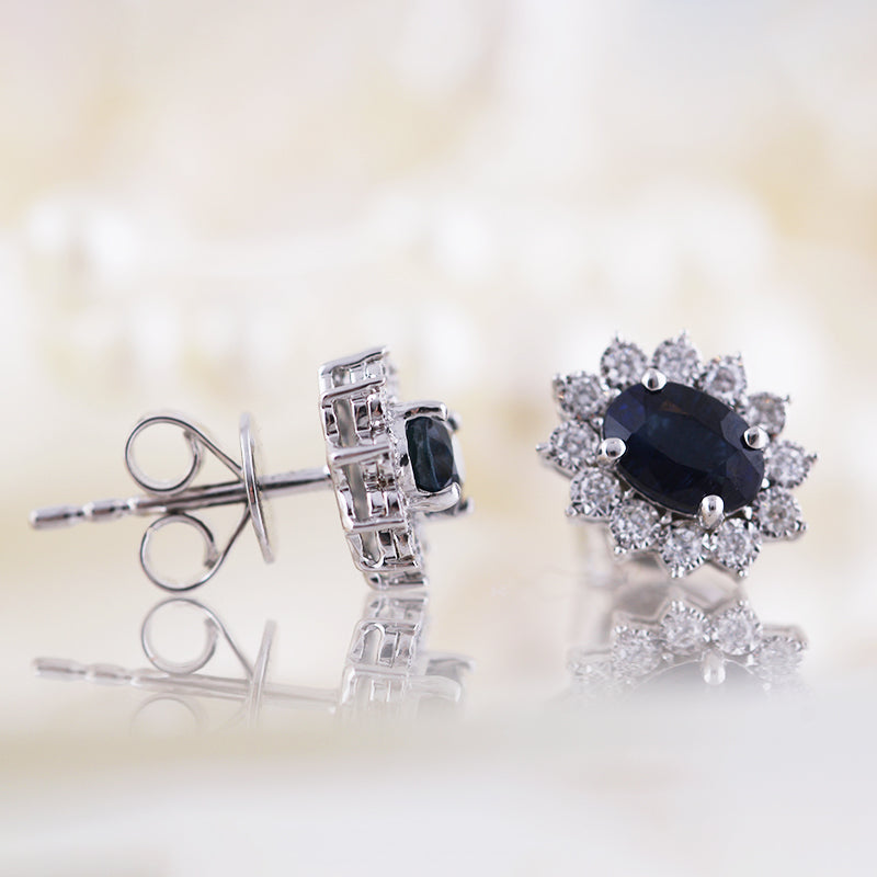 Oval Sapphire &amp; Diamond Cluster Stud Earrings