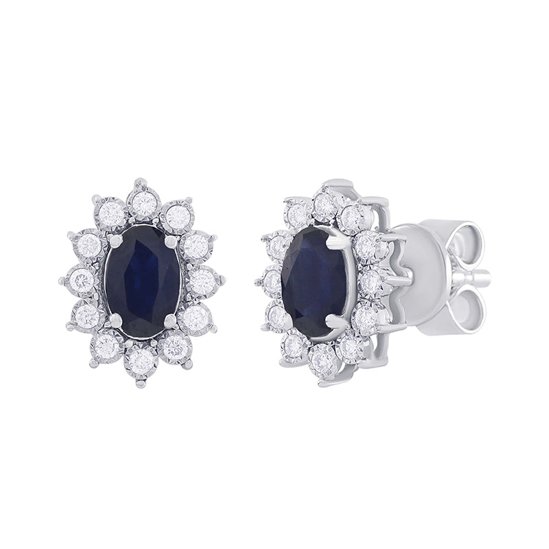 Oval Sapphire &amp; Diamond Cluster Stud Earrings