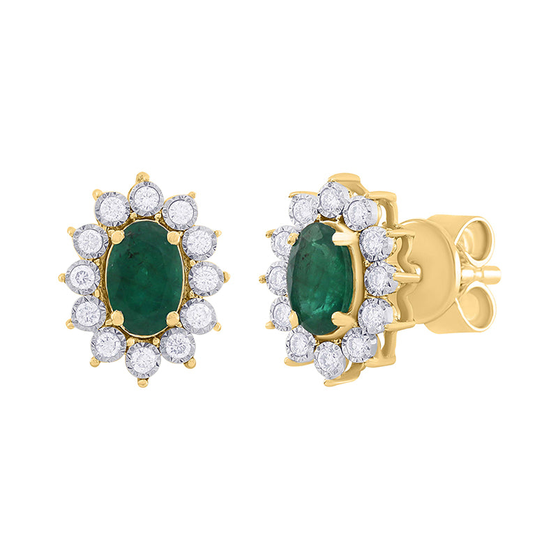 Oval Emerald &amp; Diamond Cluster Stud Earrings