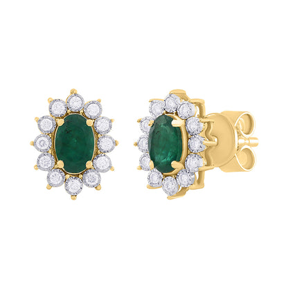 Oval Emerald &amp; Diamond Cluster Stud Earrings