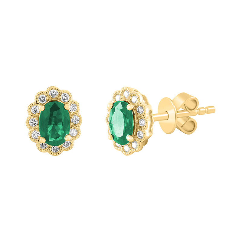 Oval Emerald &amp; Diamond Cluster Stud Earrings