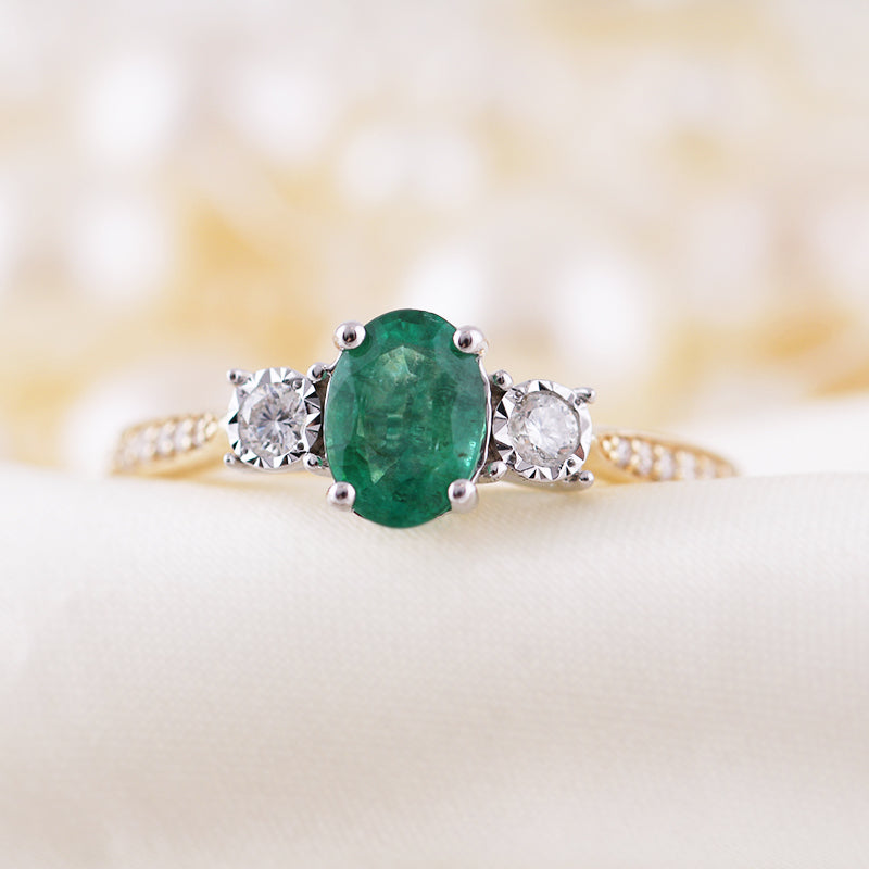 Emerald &amp; Diamond Three Stone Ring