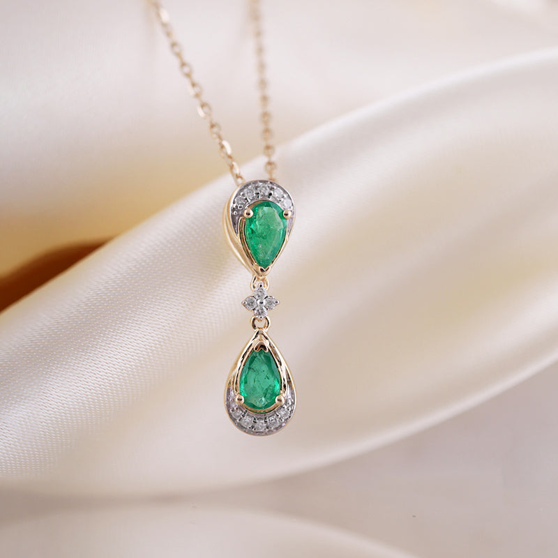 Double Pear Cut Emerald &amp; Diamond Drop Pendant