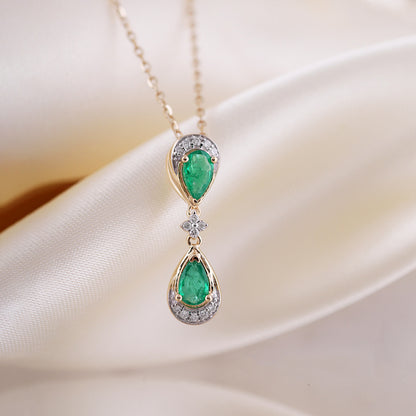 Double Pear Cut Emerald &amp; Diamond Drop Pendant