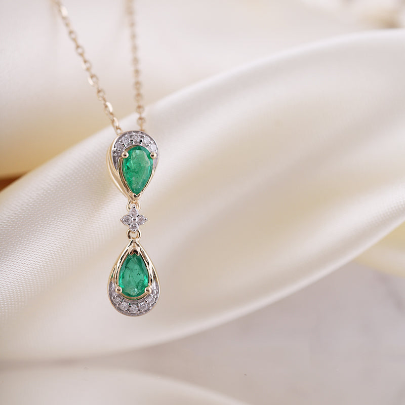 Double Pear Cut Emerald &amp; Diamond Drop Pendant