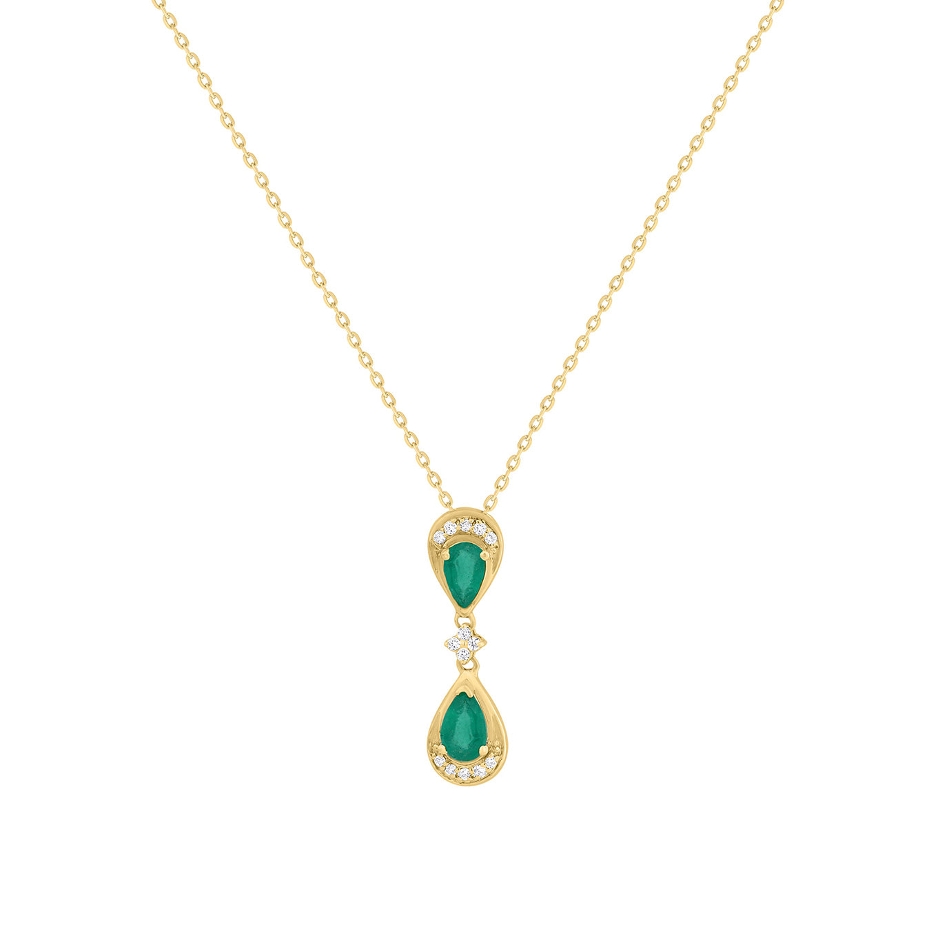 Double Pear Cut Emerald &amp; Diamond Drop Pendant