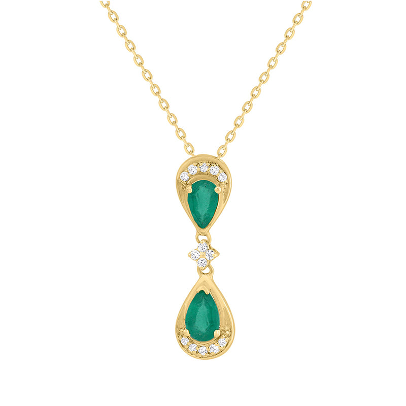 Double Pear Cut Emerald &amp; Diamond Drop Pendant