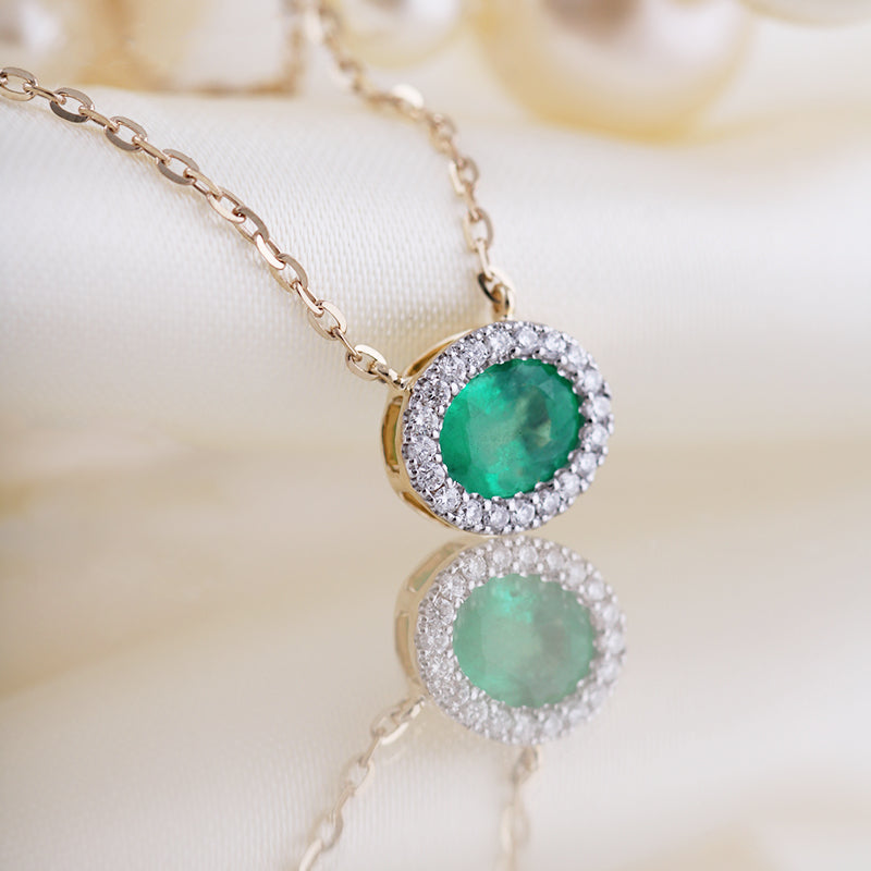 Oval Emerald &amp; Diamond Halo Necklace