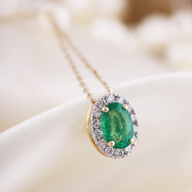 Emerald &amp; Diamond Halo Pendant