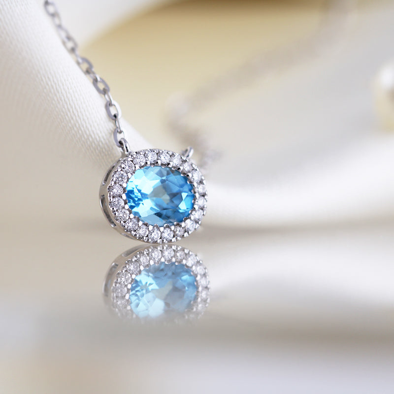 Oval Blue Topaz &amp; Diamiond Halo Necklace