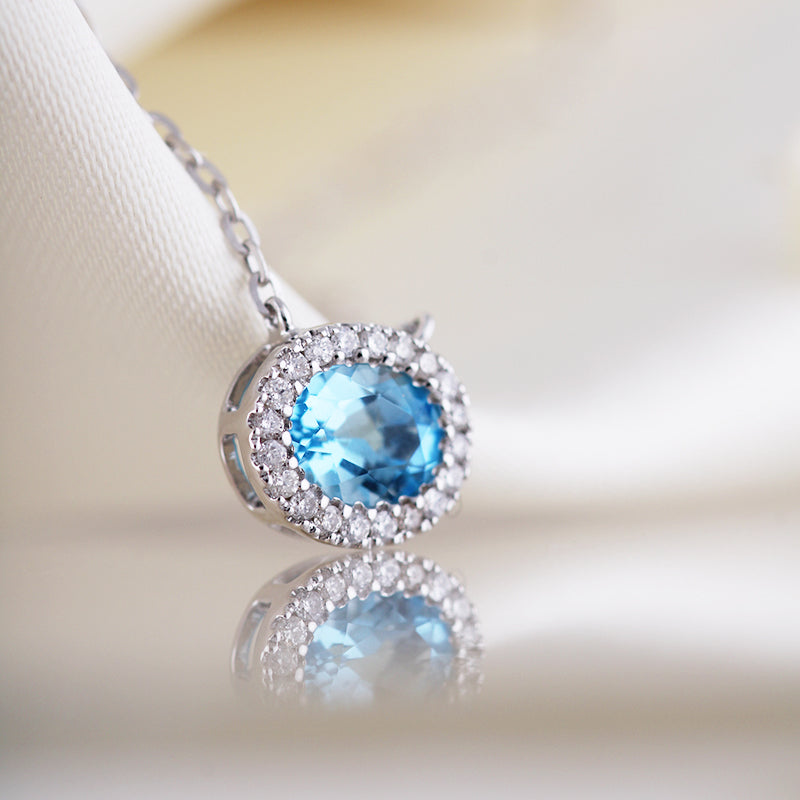 Oval Blue Topaz &amp; Diamiond Halo Necklace