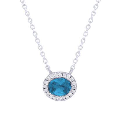 Oval Blue Topaz &amp; Diamiond Halo Necklace