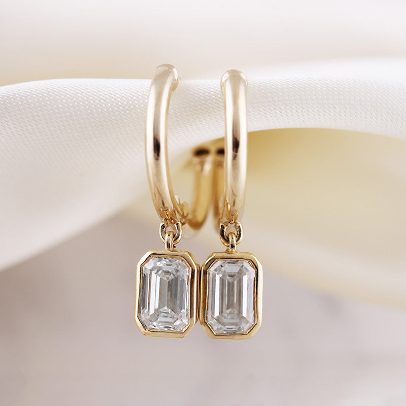 Emerald Cut Diamond Charm &amp; Hoop Earrings