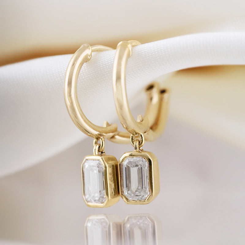 Emerald Cut Diamond Charm & Hoop Earrings