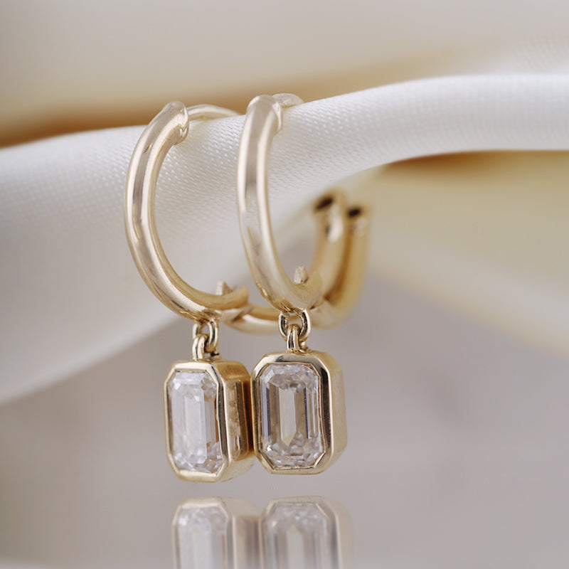 Emerald Cut Diamond Charm &amp; Hoop Earrings