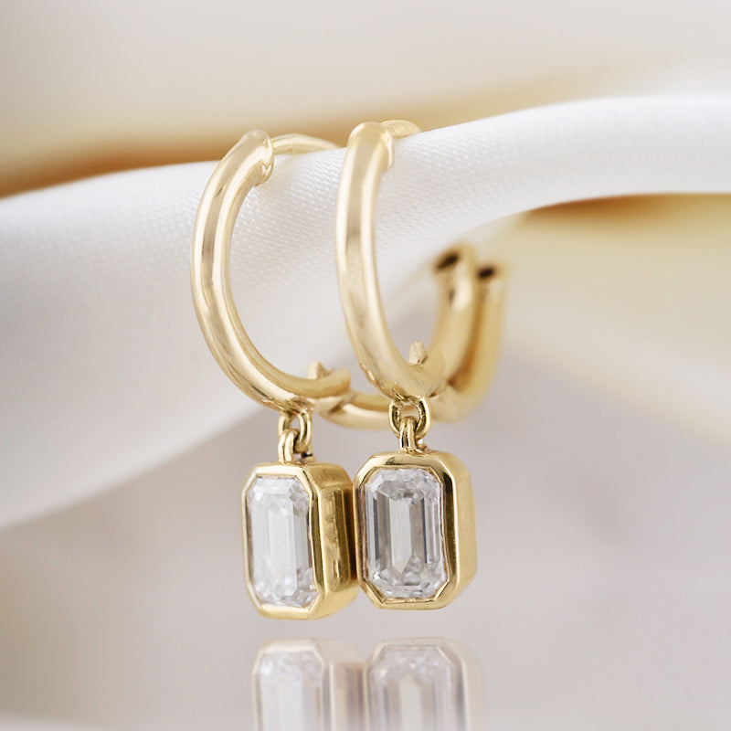 Emerald Cut Diamond Charm &amp; Hoop Earrings