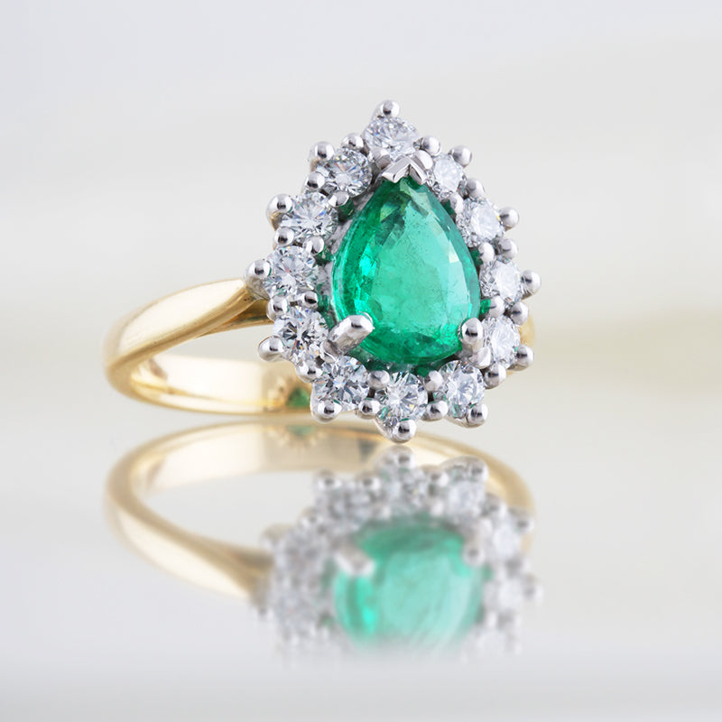 Pear Cut Emerald &amp; Diamond Cluster Ring