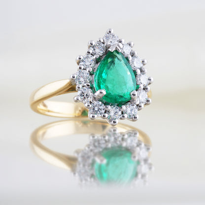 Pear Cut Emerald &amp; Diamond Cluster Ring