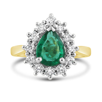 Pear Cut Emerald &amp; Diamond Cluster Ring