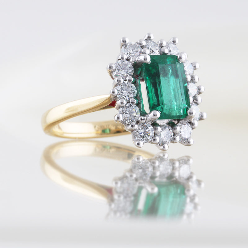 Emerald Cut Emerald &amp; Diamond Cluster Ring