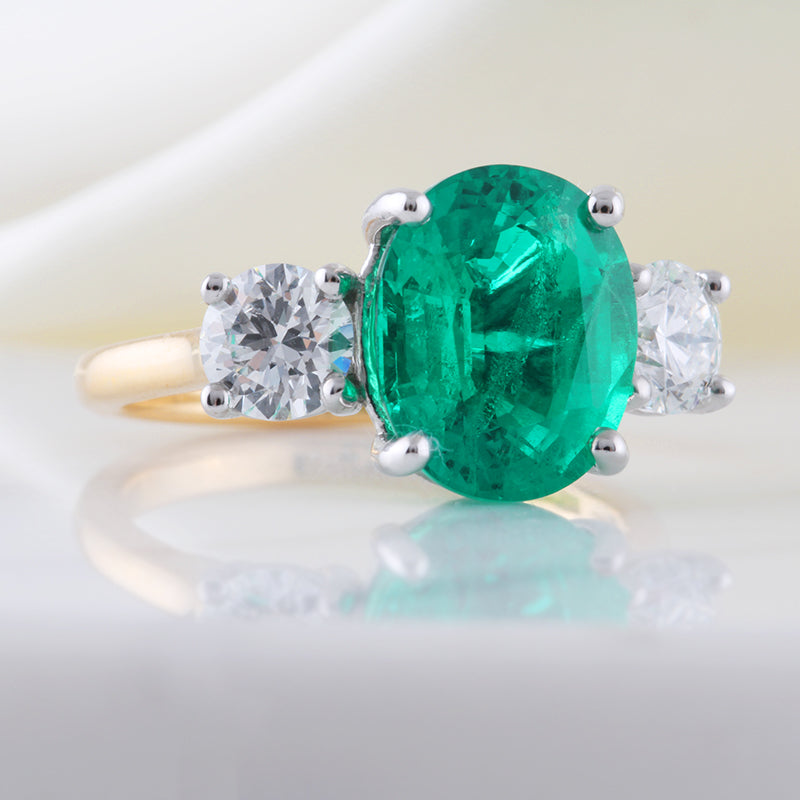 Oval Emerald &amp; Diamond Three Stone Ring  3.85ct