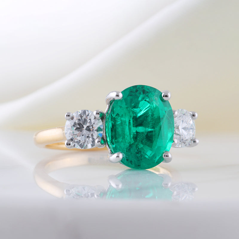 Oval Emerald &amp; Diamond Three Stone Ring 2.92ct