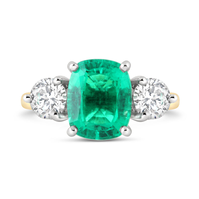 Cushion Emerald 2.92ct &amp; Diamond 1.00ct Three Stone Ring