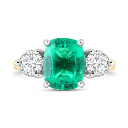 Cushion Emerald 2.92ct &amp; Diamond 1.00ct Three Stone Ring