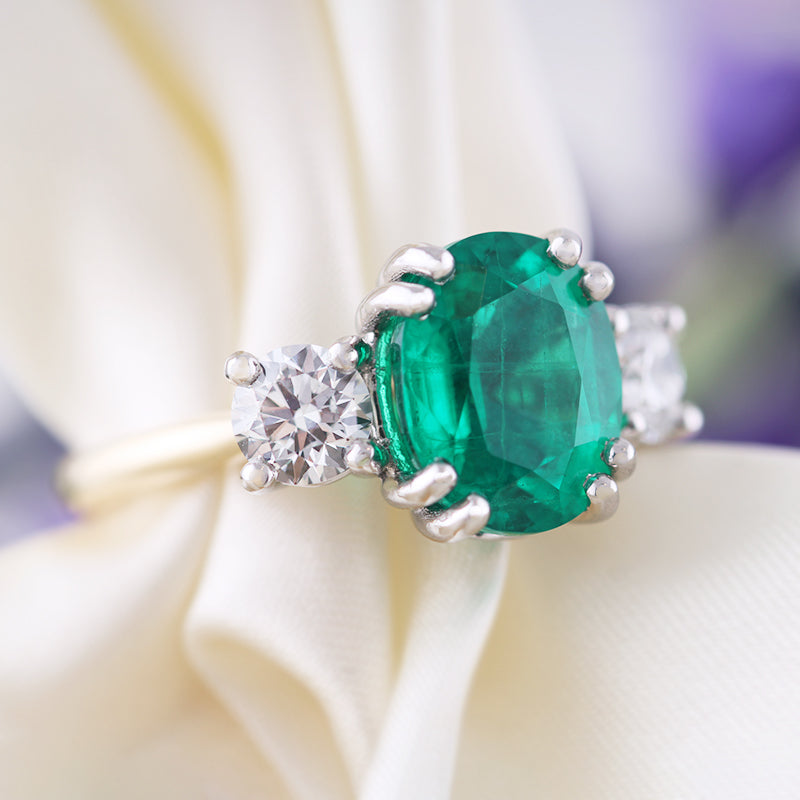 Oval Emerald &amp; Diamond Three Stone Ring 3.85ct