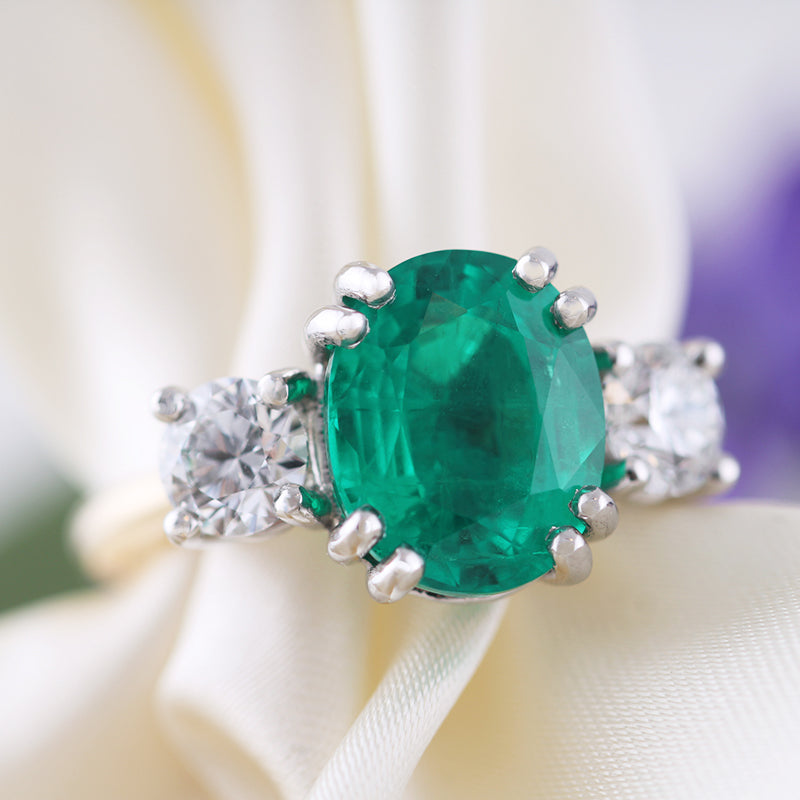 Oval Emerald &amp; Diamond Three Stone Ring 3.85ct