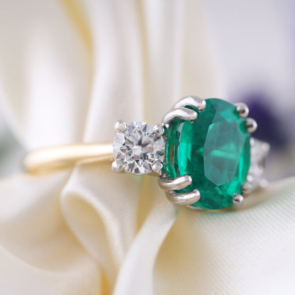 Oval Emerald &amp; Diamond Three Stone Ring 3.85ct