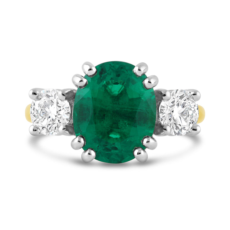 Oval Emerald &amp; Diamond Three Stone Ring 3.85ct