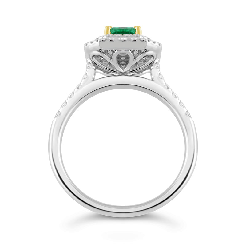 Emerald Cut Zambian Emerald &amp; Diamond Double Halo Ring
