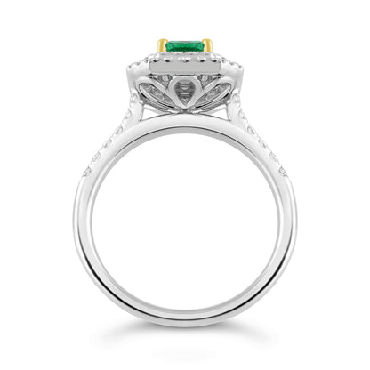 Emerald Cut Zambian Emerald &amp; Diamond Double Halo Ring