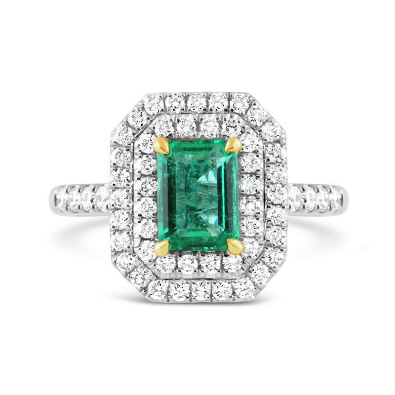 Emerald Cut Zambian Emerald &amp; Diamond Double Halo Ring