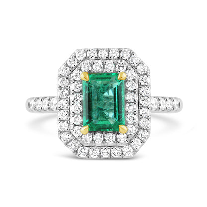 Emerald Cut Zambian Emerald &amp; Diamond Double Halo Ring