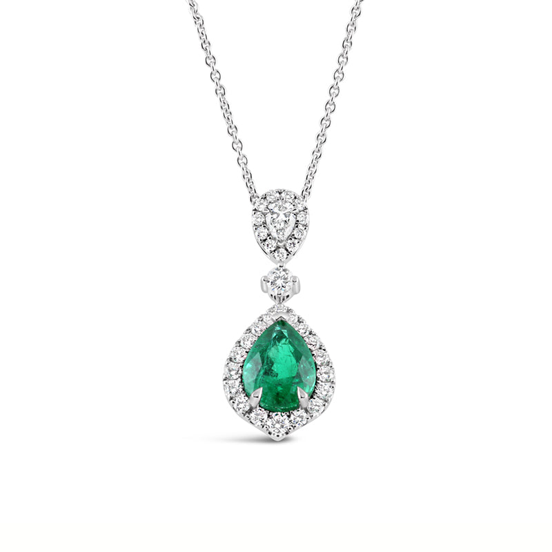 Double Halo Zambian Emerald &amp; Diamond Drop Pendant